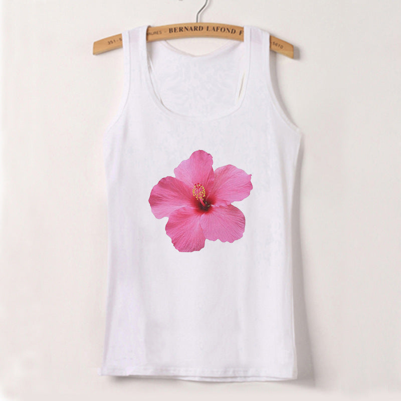 Women's Sleeveless Top with Floral Hibiscus Motif and Relaxed Fit Skjora