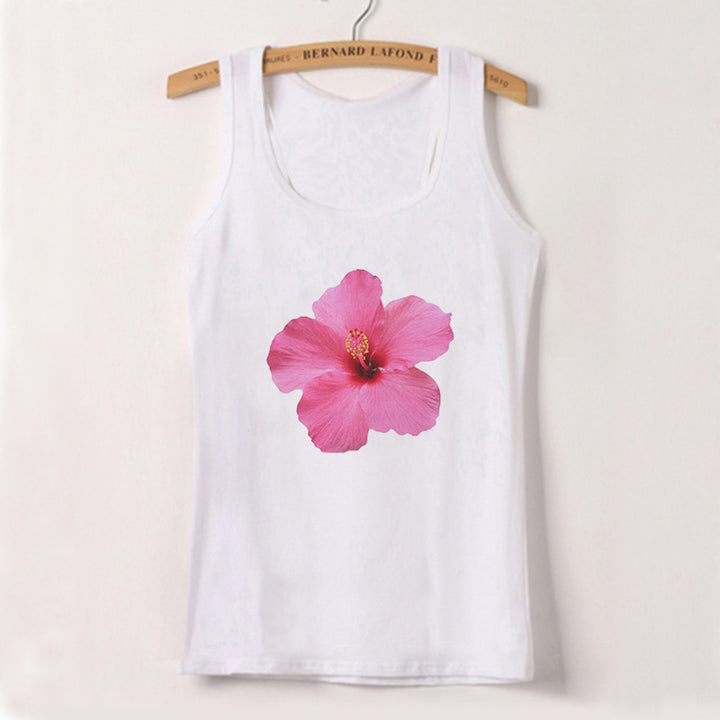 Women's Sleeveless Top with Floral Hibiscus Motif and Relaxed Fit Skjora