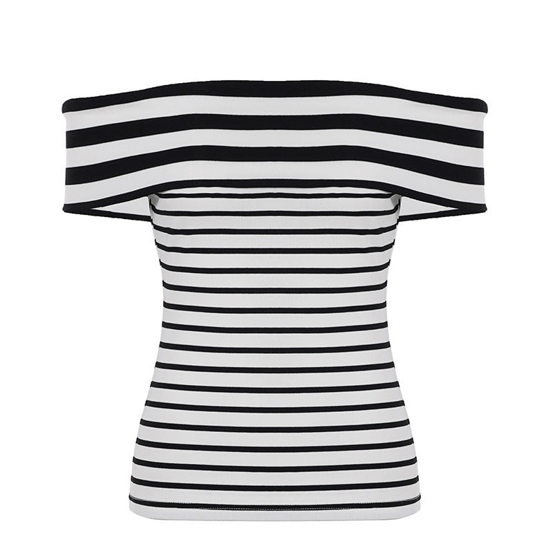 Dame Off-Shoulder topp med stripet design og bred krage Skjora