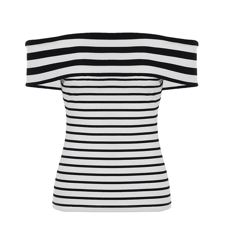 Dame Off-Shoulder topp med stripet design og bred krage Skjora