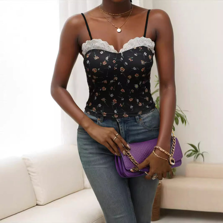 Dame spiss-cami-top med blomsterdesign Skjora