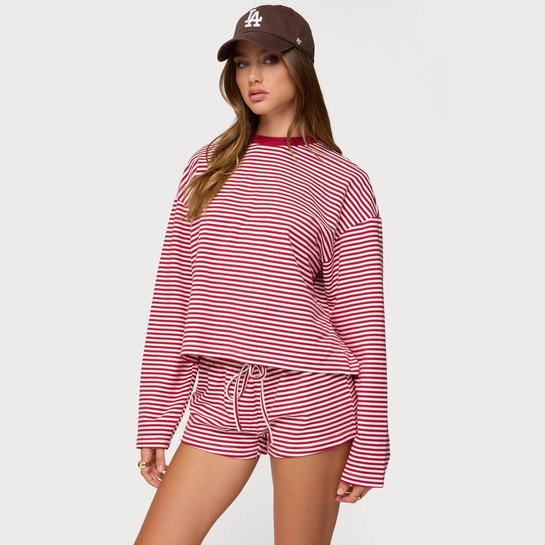 Damer Løs stripete loungewear-sett med langermet topp og shorts Skjora
