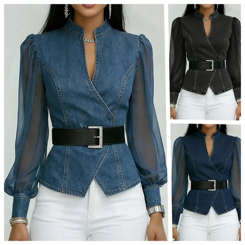 Kvinne jeans bluse med transparente ermer og skreddersydd design Skjora