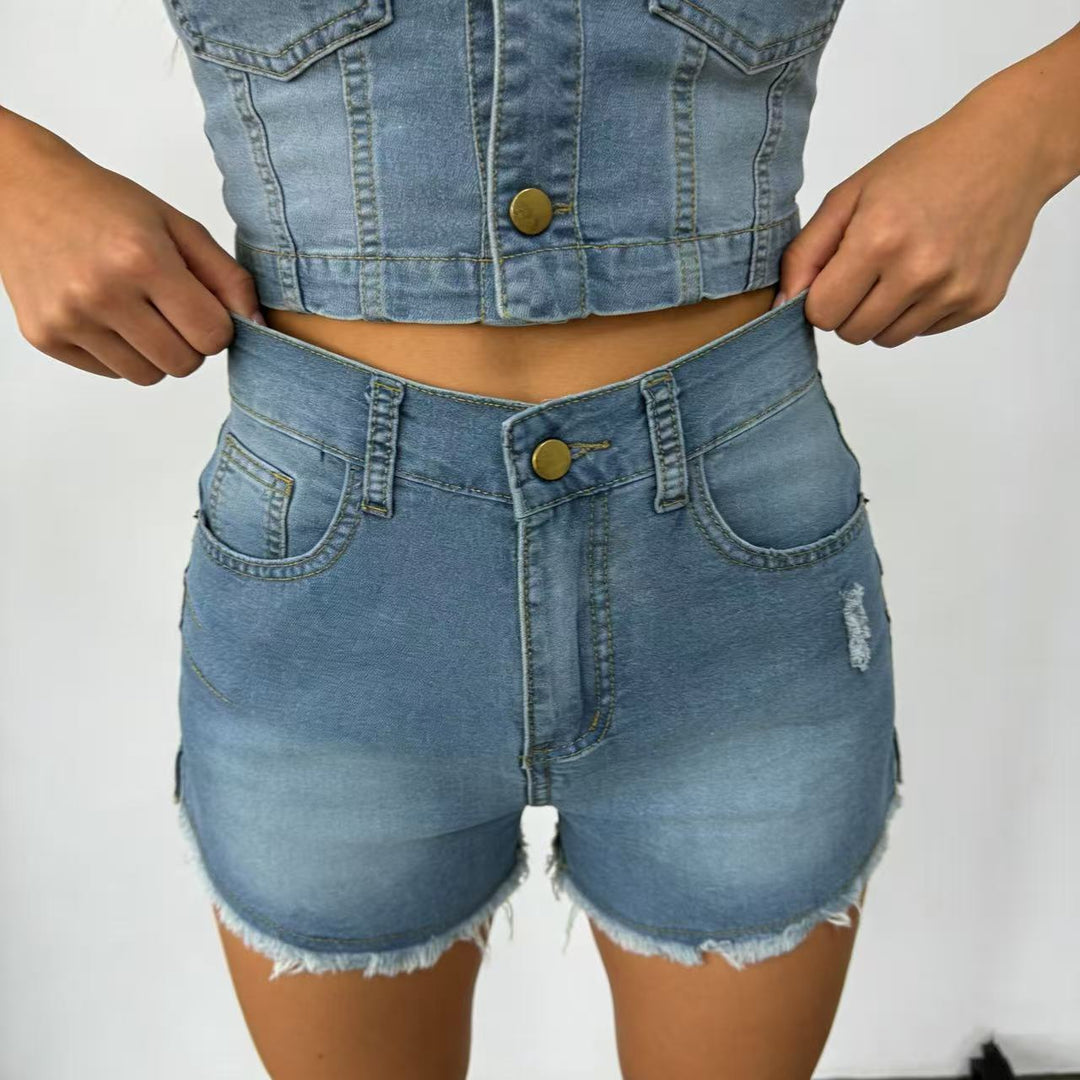 Damer Høyt skårne denim-shorts i trendy frynse-look Skjora
