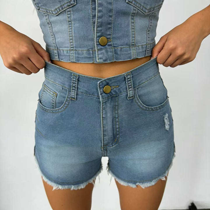 Damer Høyt skårne denim-shorts i trendy frynse-look Skjora