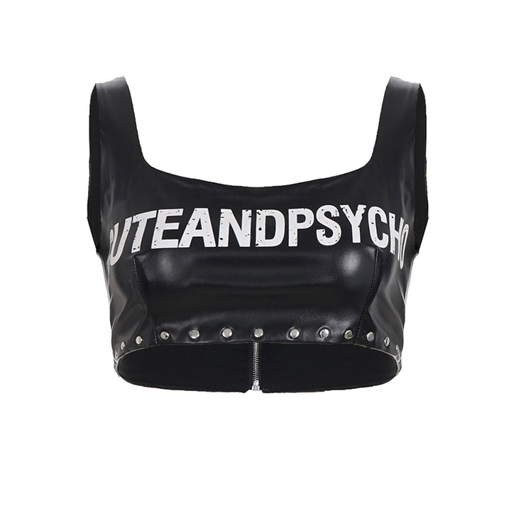 Dame Læder-Crop-Top med iøjnefaldende skrift og nittepynt Skjora