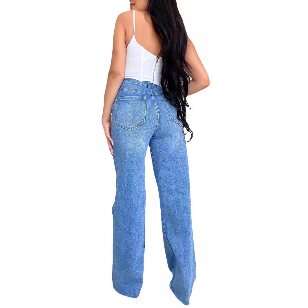 Kvinners vide jeans med slitte detaljer og høy livlinje Skjora