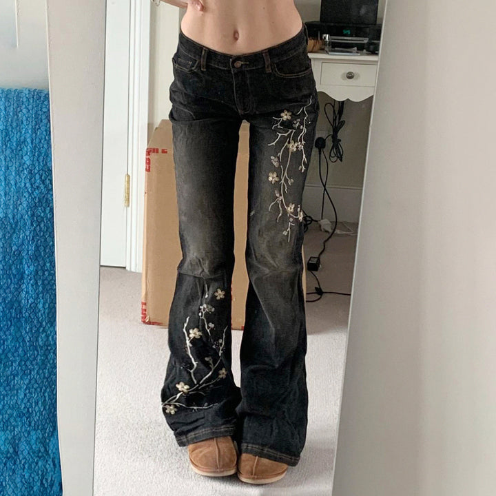 Dame Flared Jeans med blomstermønster og høy midje Skjora
