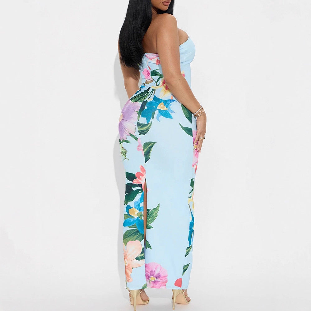 Dame maxikjole i elegant bandeau-stil med blomstermønster Skjora