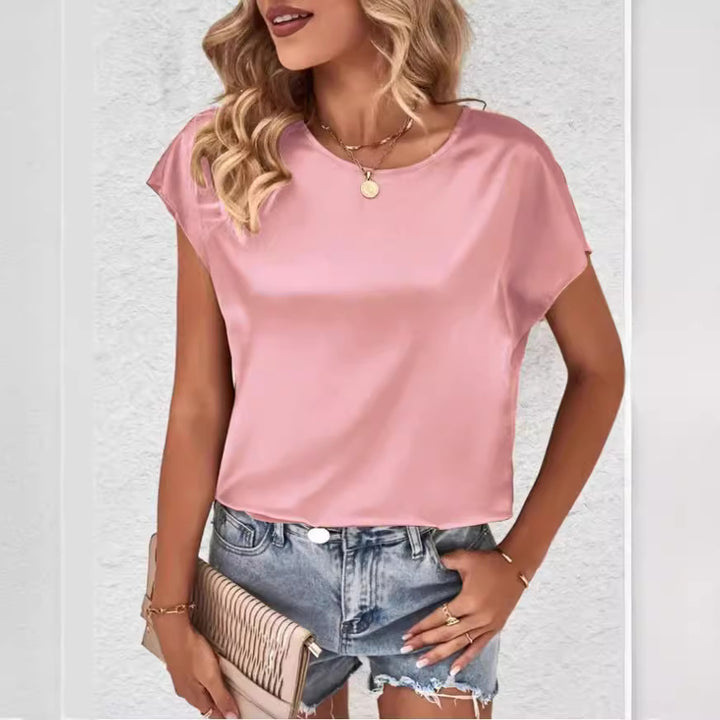 Damer Elegant Satin topp med avslappet snitt og korte ermer Skjora