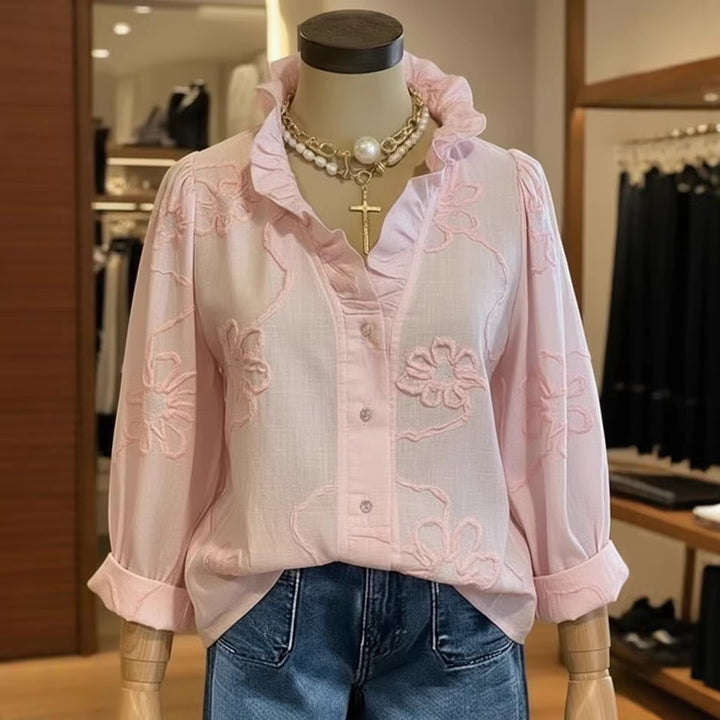 Dame elegant bluse med blomsterbroderier og voluminøse ermer Skjora