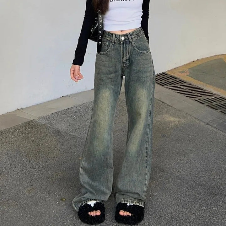 Kvinner Bred Skjær Høy-Høst Denim Jeans Skjora