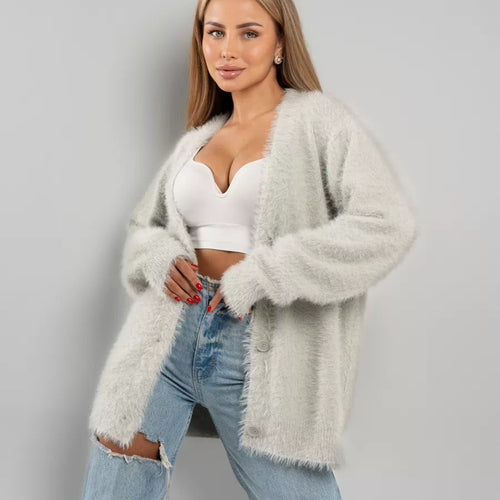 Kvinne Koselig Cardigan med Dyp V-Hals og Oversized Klipp Skjora