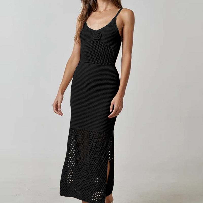 Damen Häkel-Strandkleid mit durchbrochenem Design und tiefem Schlitz Skjora