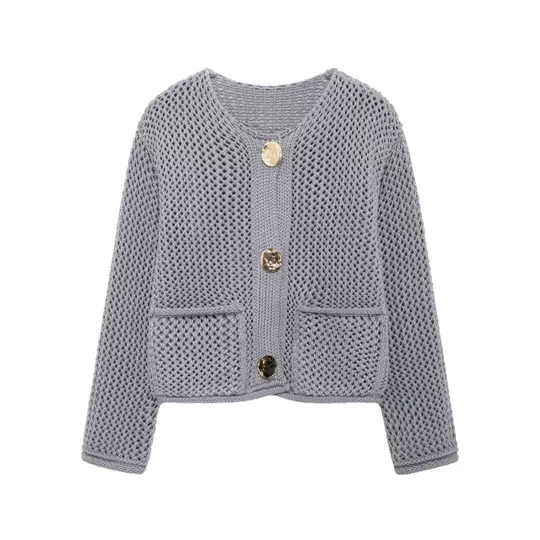 Damer mesh strikket cardigan med praktiske lommer og dekorative knapper Skjora