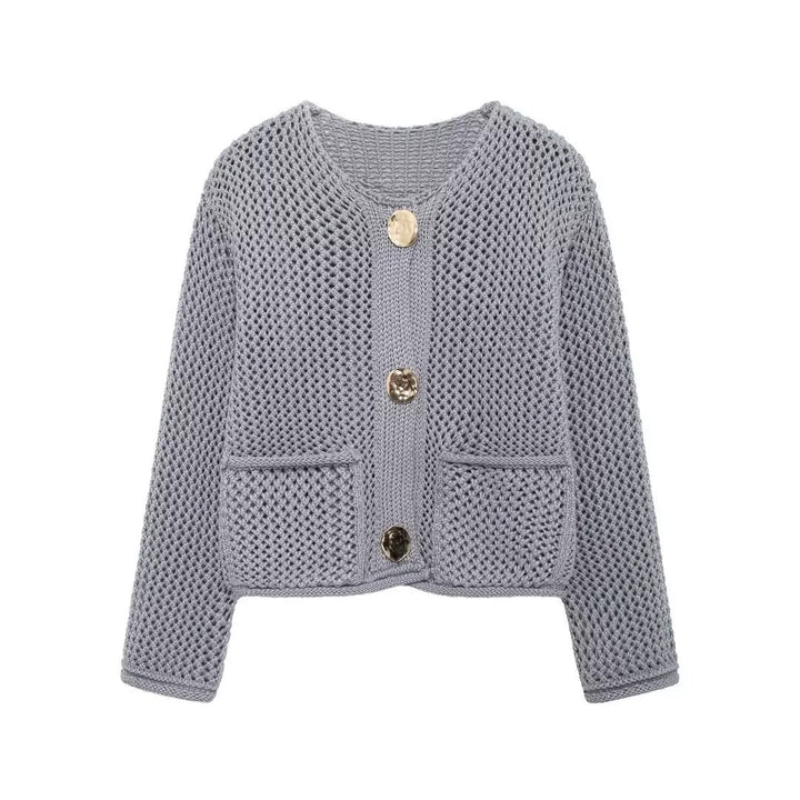 Damer mesh strikket cardigan med praktiske lommer og dekorative knapper Skjora