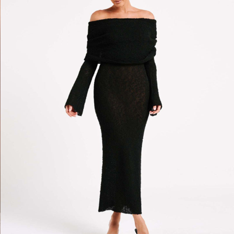 Damen Off-Shoulder Maxikleid mit langem Arm und elegantem Stoff Skjora