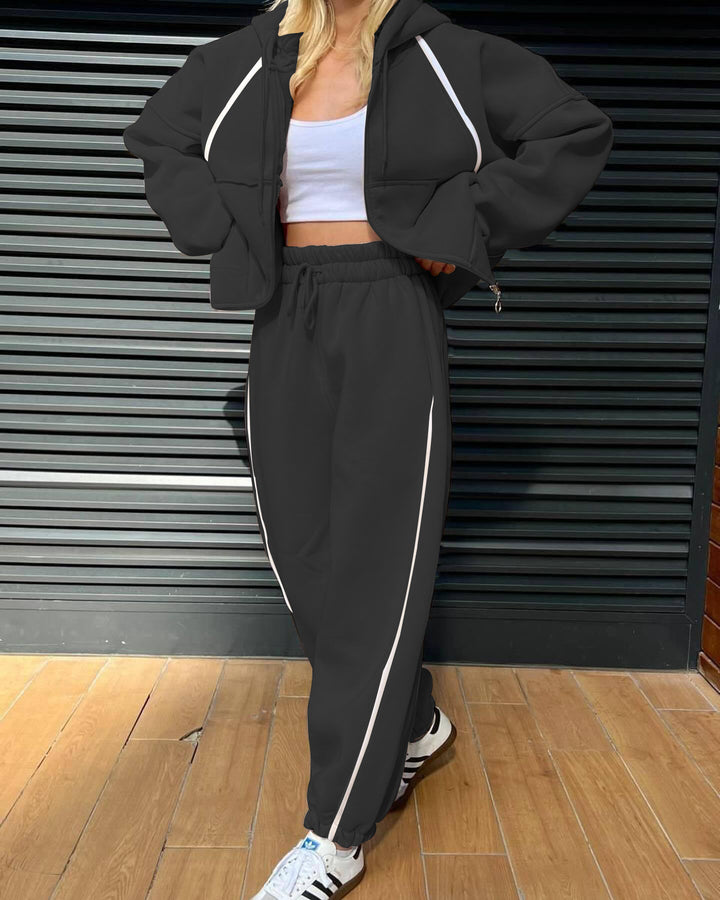 Dame sporty loungewear-set med hette og elastisk belte Skjora