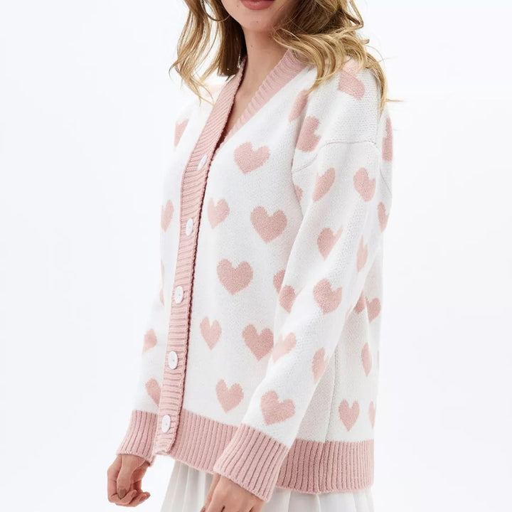 Kvinnens cardigan med hjerte mønster og knapp detaljer Skjora