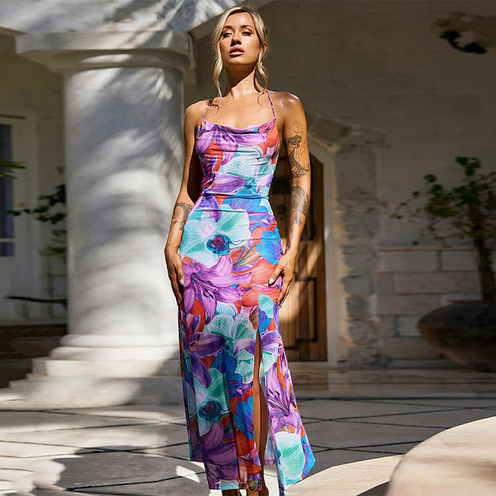 Kvinnes maxi kjole med blomsterprint og sexy høy splitt Skjora