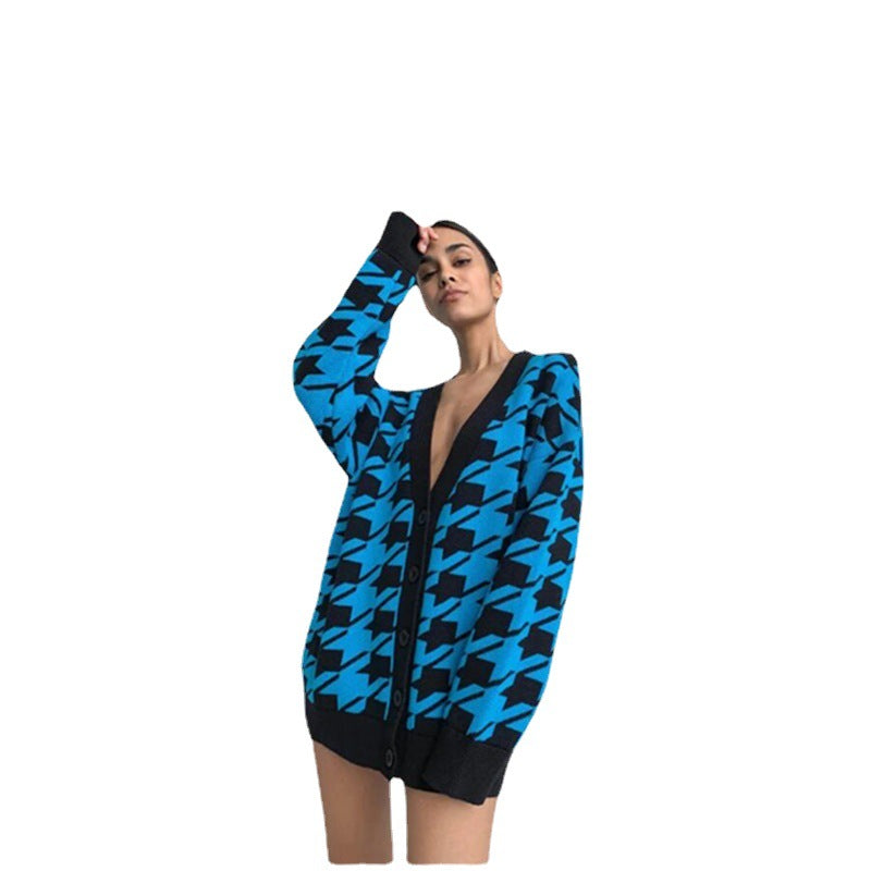 Dame Fashion Cardigan i Houndstooth mønster Skjora