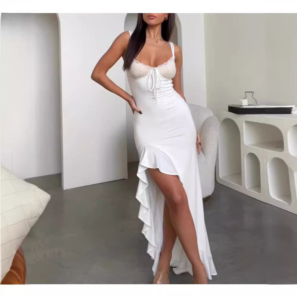 Dame Elegante Maxi Kjole med Blonder Korsett og Asymmetrisk Hem Skjora