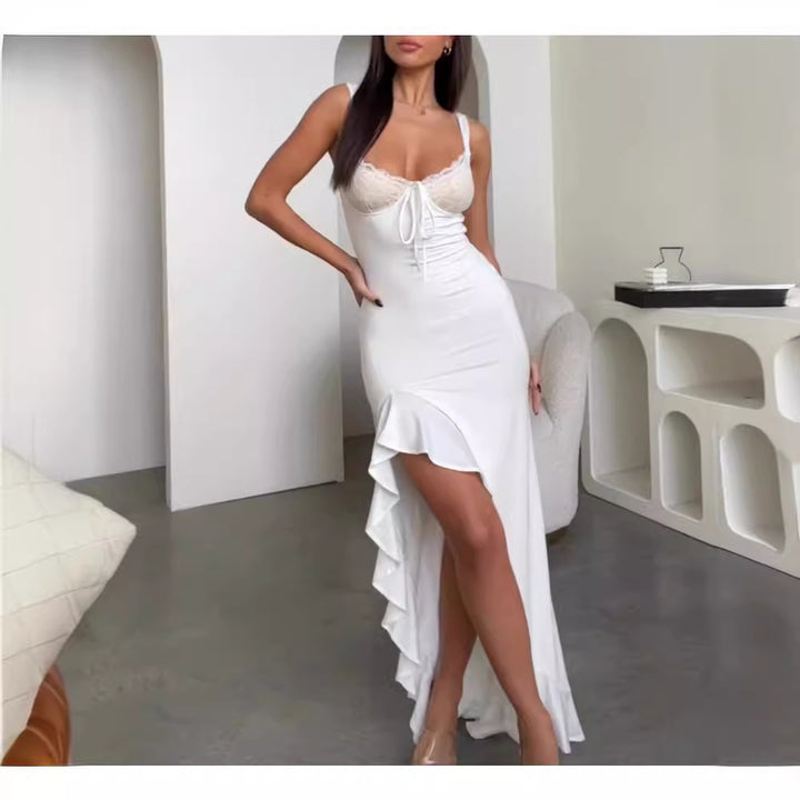 Dame Elegante Maxi Kjole med Blonder Korsett og Asymmetrisk Hem Skjora