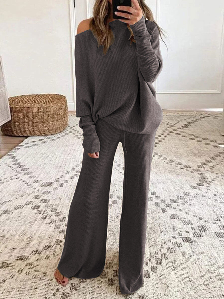 Kvinnes avslappet strikket loungewear sett med løs passform og av- skuldret topp Skjora