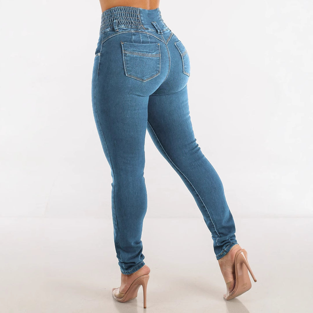 Damer High-Waisted Jeans med elastisk midjebånd og knappdetaljer Skjora