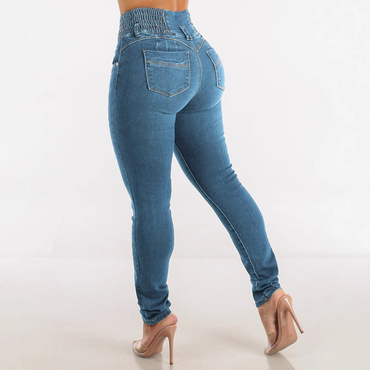 Damer High-Waisted Jeans med elastisk midjebånd og knappdetaljer Skjora