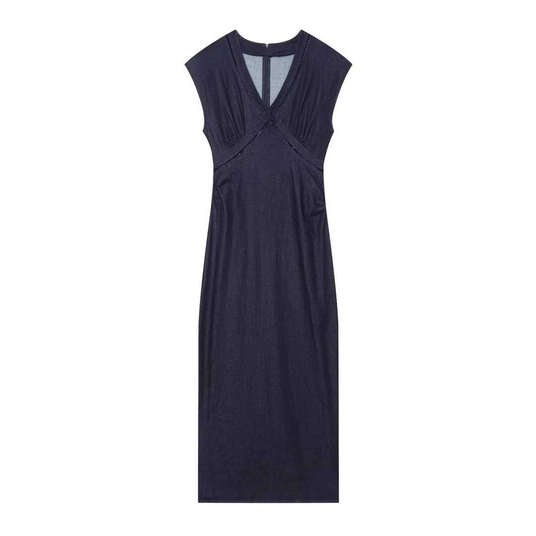 Dame maxikjole med elegant V-hals og fint drapering Skjora