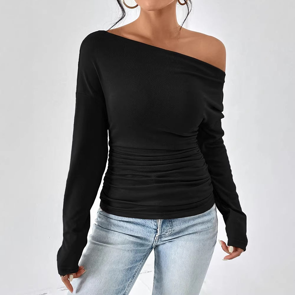 Dame Off-Shoulder Topp med figurnær passform og fin rynketing Skjora