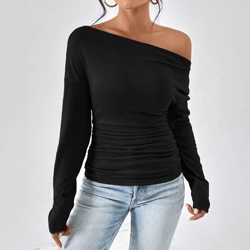 Dame Off-Shoulder Topp med figurnær passform og fin rynketing Skjora