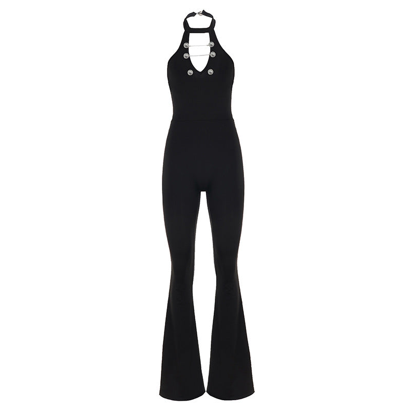Damer Flytende Jumpsuit med høyt skjært utringning og dekorative knapper Skjora