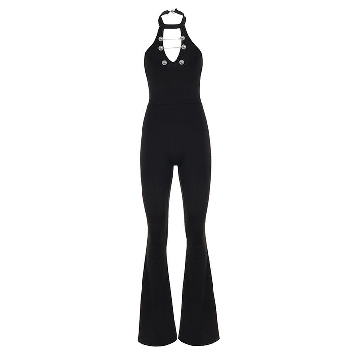 Damer Flytende Jumpsuit med høyt skjært utringning og dekorative knapper Skjora