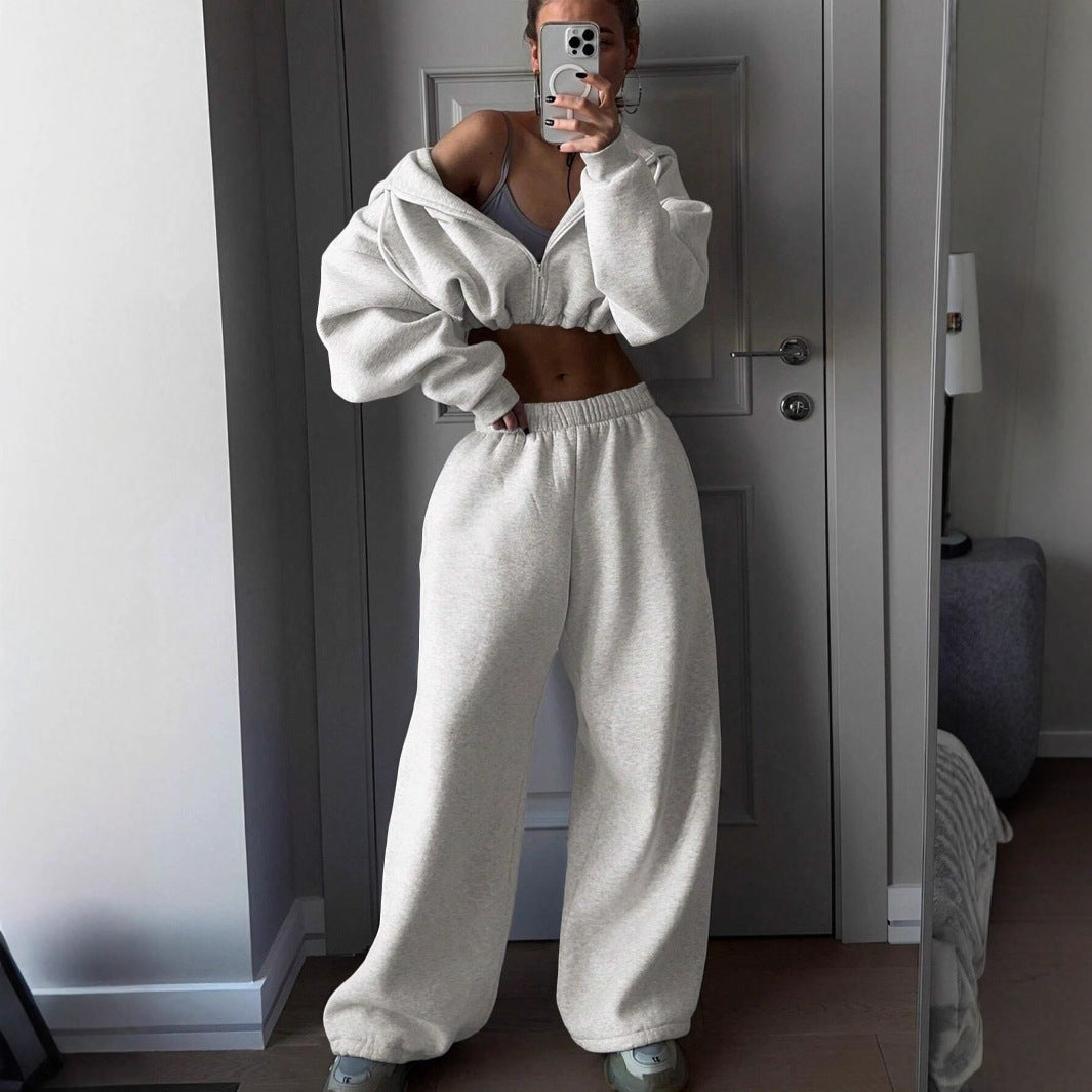 Dame casual cropped sweatshirt og brede høyt liv joggebukse sett Skjora