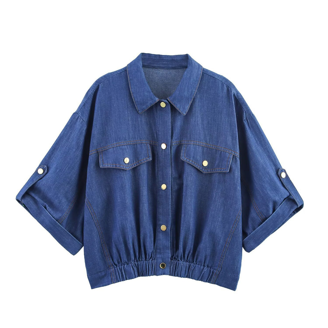Damer avslappet denim-sett med crop-bluse og elastiske bukser Skjora