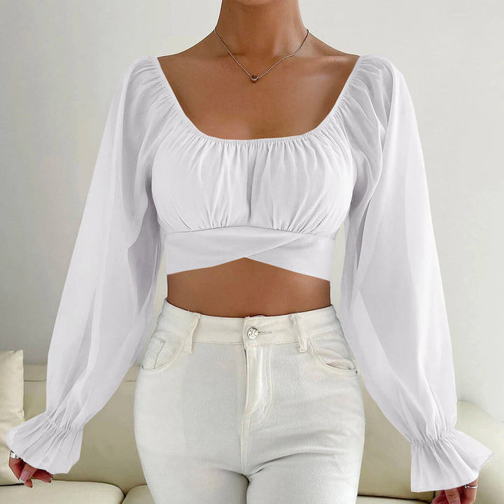 Dame Cropped Bluse med puffede ermer og raffinerte snitt Skjora