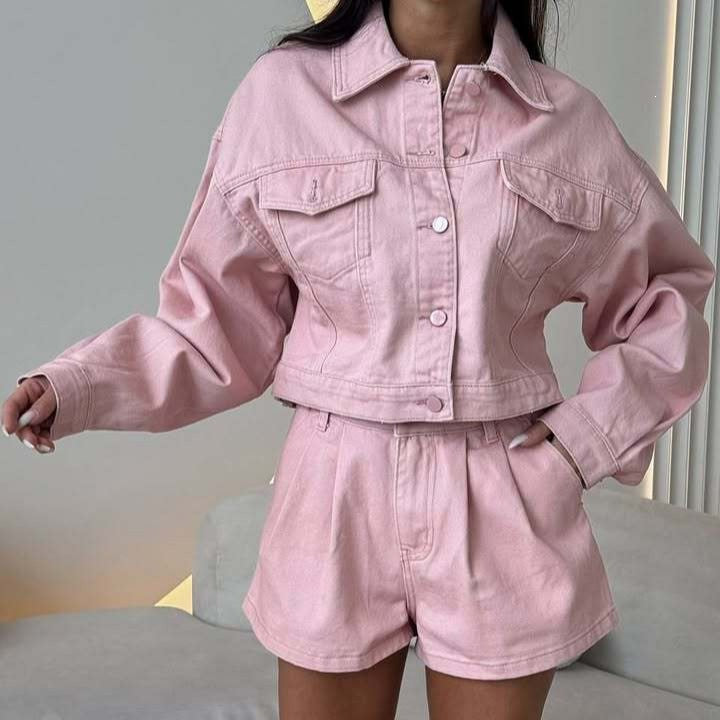 Dame Denim Jakke med Korte Ermer og Matchende Shorts Skjora