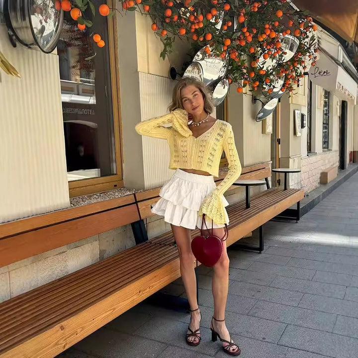 Kvinne luftig strikket genser i Boho stil med voluminøse ermer Skjora