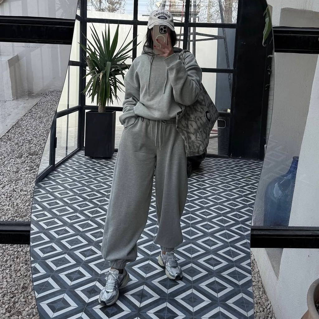 Kvinner Casual Oversized Hoodie og Joggebukse Sett Skjora