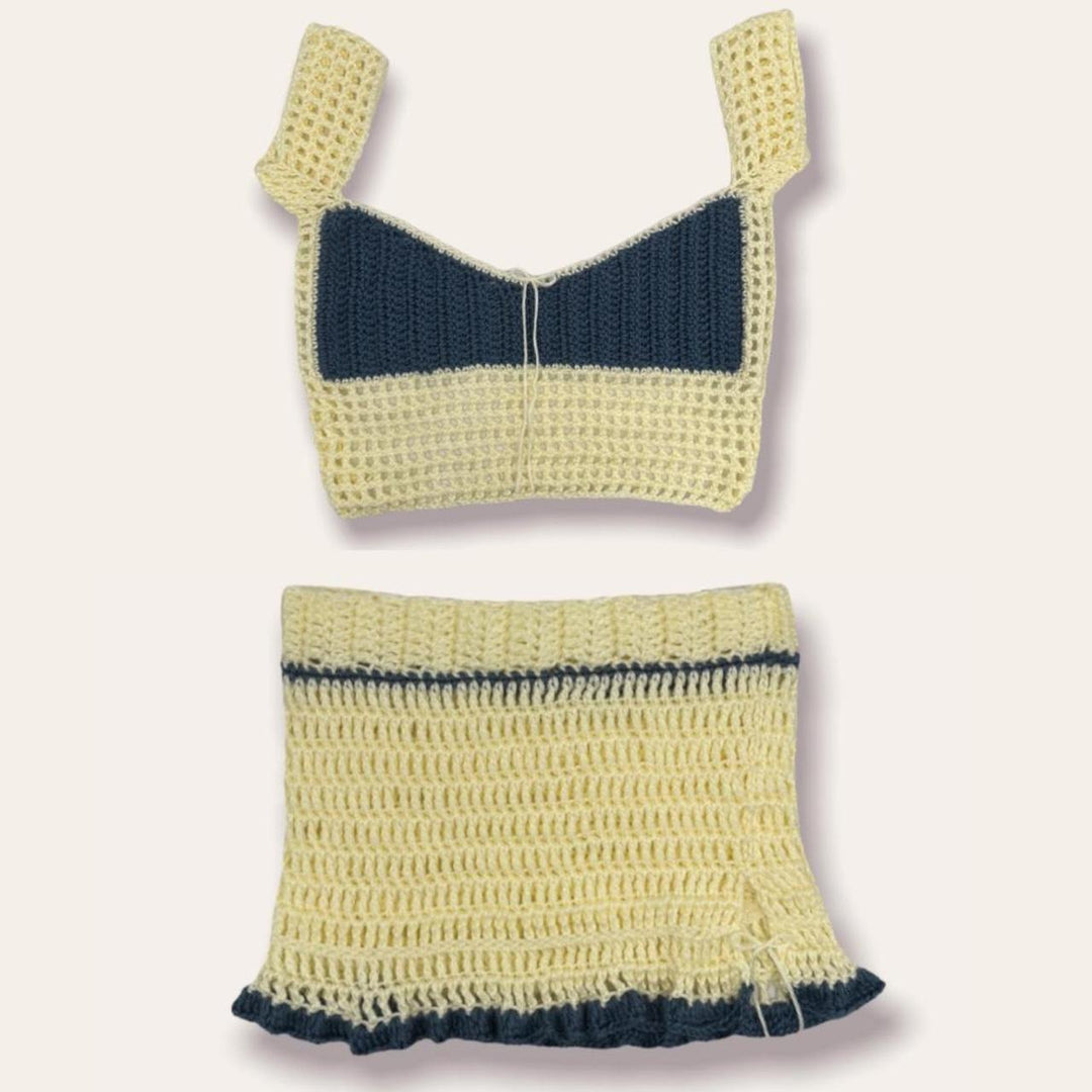 Dame heklet Crop-Top og miniskjørt-sett med snøringdetaljer Skjora