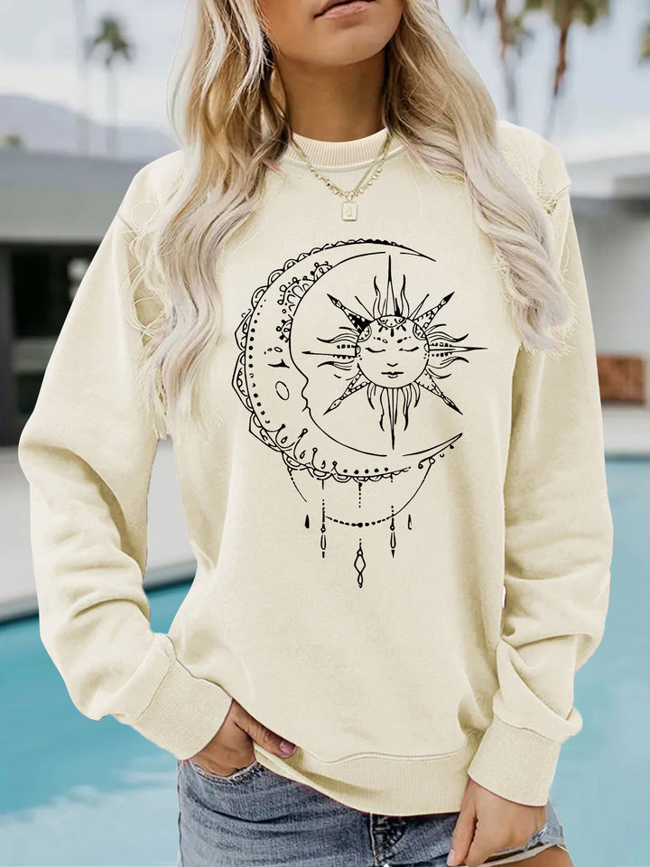 Dames sweatshirt med kunstnerisk sol- og måne-design Skjora