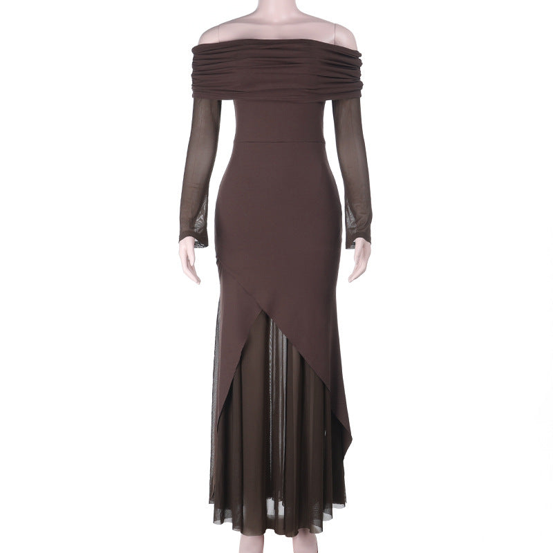 Dame elegant off-the-shoulder maxikjole med raffinert rynkede overdel og asymmetrisk kant Skjora