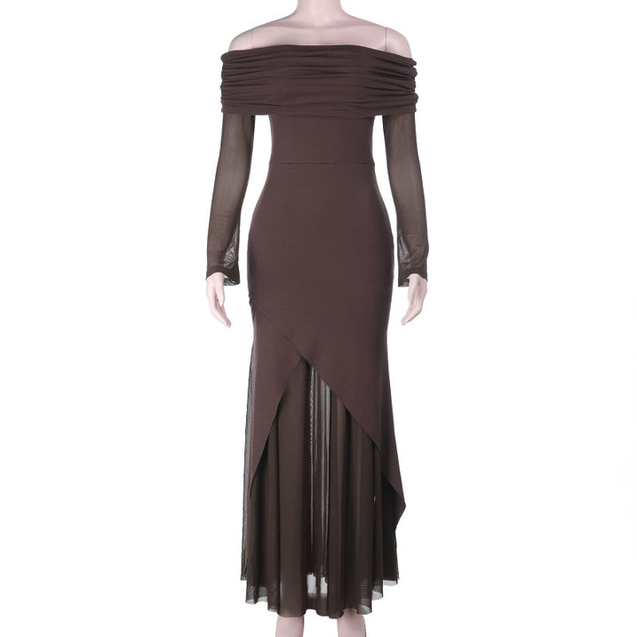 Dame elegant off-the-shoulder maxikjole med raffinert rynkede overdel og asymmetrisk kant Skjora