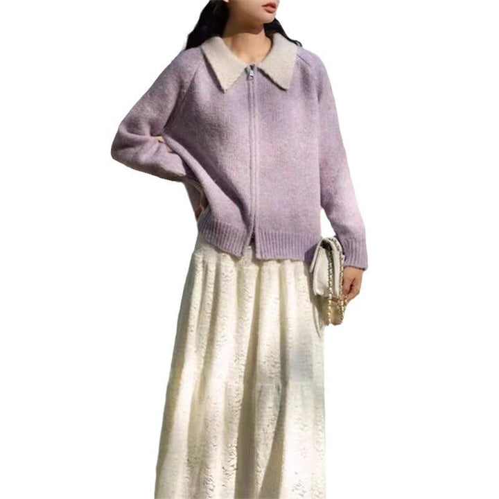 Dame cardigan med høy krage og asymmetrisk snitt Skjora