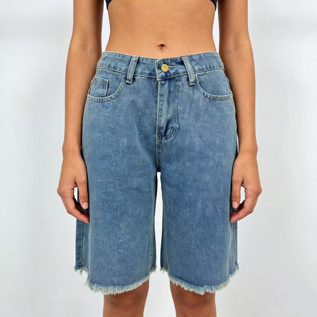 Dames casual denim-shorts med frynset kant og høy midje Skjora