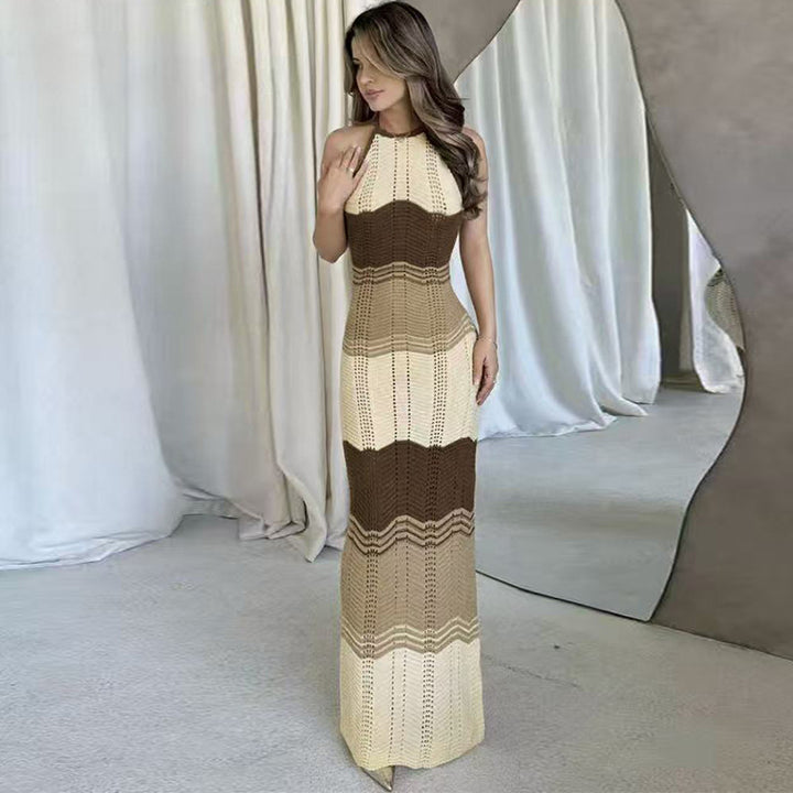 Damen Häkel-Maxikleid mit exklusivem Muster und elegantem Kragen Skjora