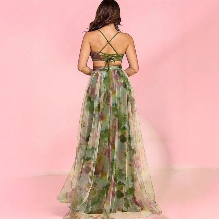 Kvinners maxikjole med blomsterchiffon-design og elegant midje