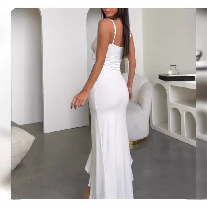 Dame Elegante Maxi Kjole med Blonder Korsett og Asymmetrisk Hem Skjora